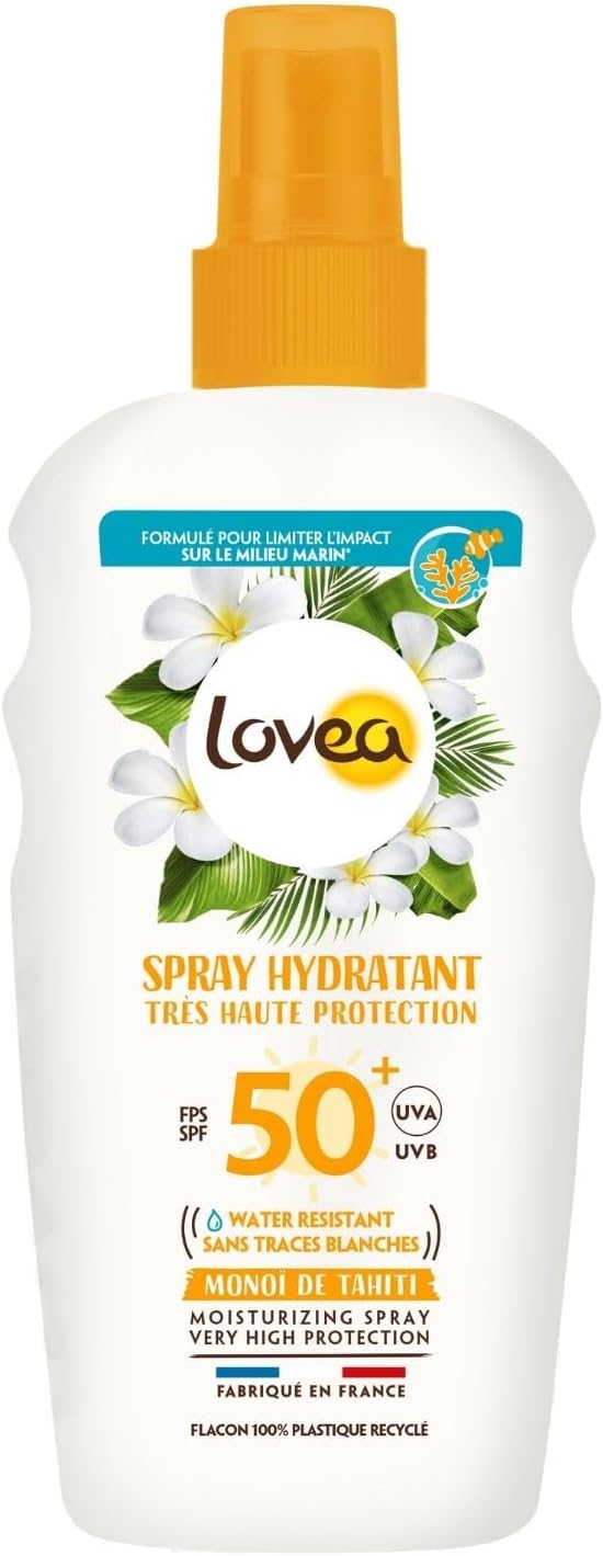 Spray Hydratant FPS 50+ - Très Haute Protection Solaire Visage & Corps - Monoï De Tahiti - Protection UVA/UVB - Résistant À L'Eau & Anti Traces Blanches - Vegan - Fabriqué En France - 150 ml 150 ml (Lot de 1) FPS 50+