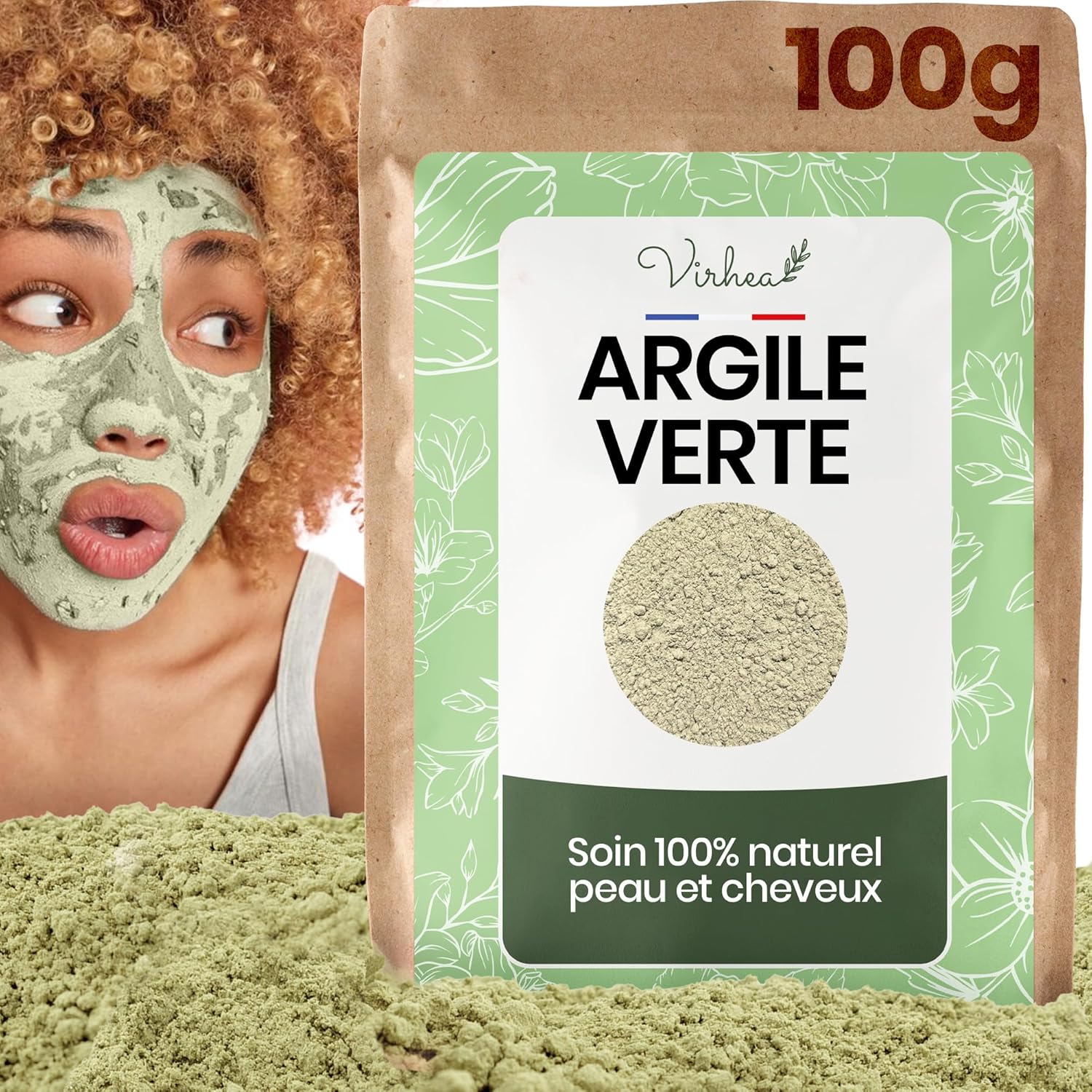 Argile Verte en Poudre 100g - Masque Visage Anti-Acné - Soin Visage Naturel - Argile Montmorillonite Surfine - Masque Purifiant Visage Homme Femme
