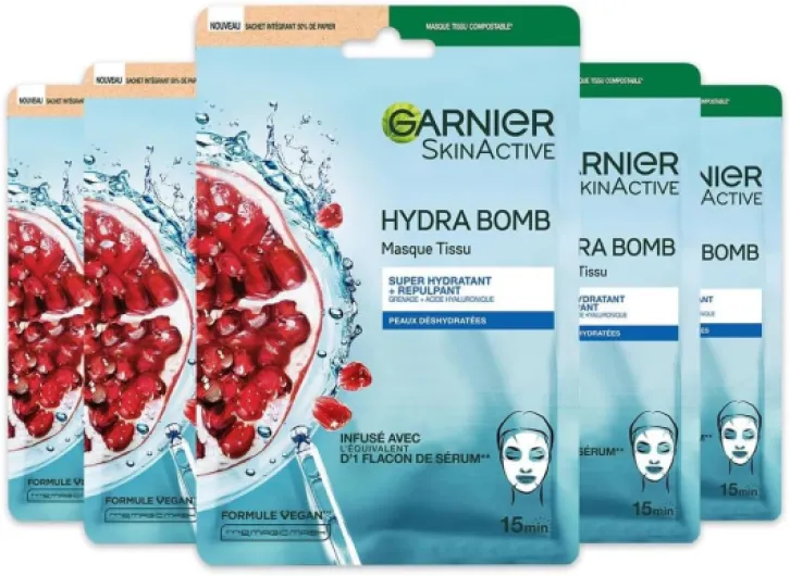 Skin Active - Coffret Masques Tissu Hydra Bomb - Hydratant & Repulpant - À Base De Grenade & Acide Hyaluronique - Vegan & Cruelty Free - Tissu Compostable - Peaux Déshydratées - x5 1 unité (Lot de 5)