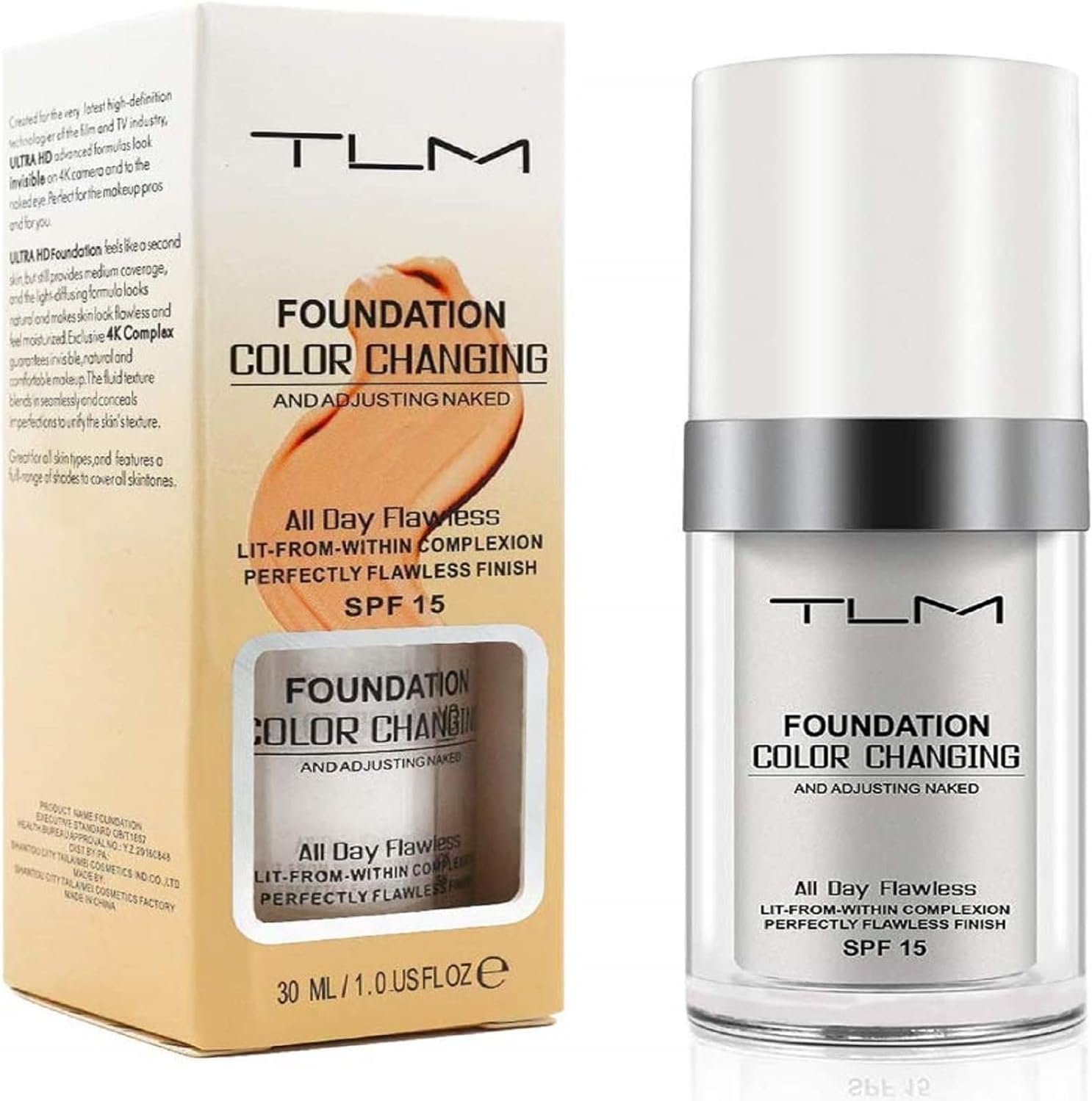 TLM Fond de Teint Couvrant, Fondation Liquide Flawless Colour Changing, Base de Maquillage Correcteur de Couverture Liquide Visage Nude Liquid Foundation, Convient à Tous Les Tons de Peau,SPF15