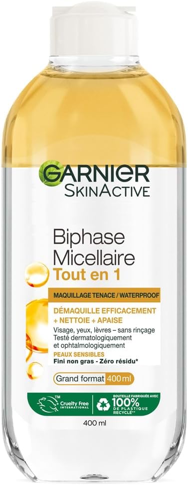 Skin Active - Biphase Micellaire - Tout-en-1 - Nettoie, Démaquille & Apaise - Visage, Yeux, Lèvres - Enrichie En Micelles & Huiles - Vegan & Cruelty Free - Tous Types de Peaux - 400 ml Biphase 400ml