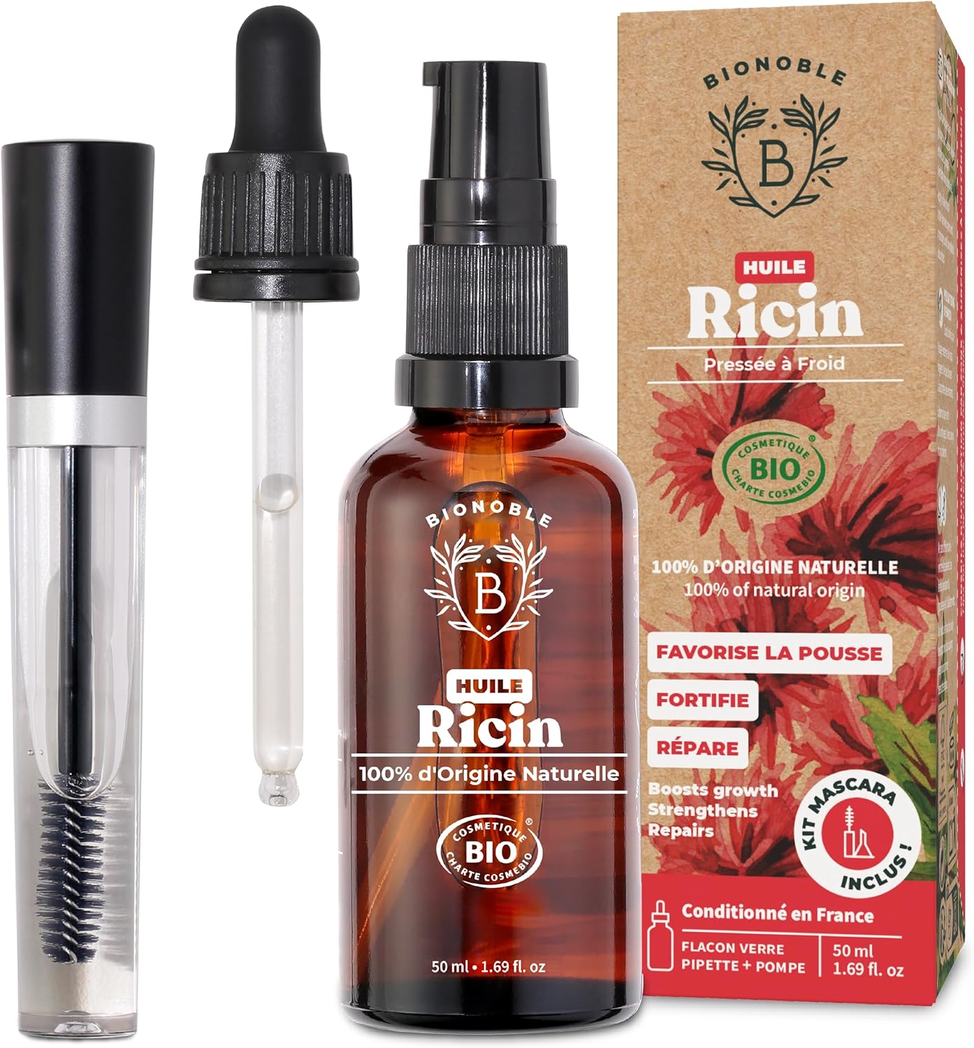 Huile de Ricin Bio 50ml + Kit Mascara, Pipette et Pompe - Bouteille en Verre - Pure, Naturelle, Pressée à Froid - Huile de Ricin pour Cheveux Cils Sourcils - Castor Oil 50 ml (Lot de 1) Ricin + Mascara