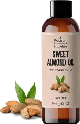 Essican Purelife, Huile d'Amande Douce Pressée à Froid, 100ml, Végétale Hydratante pour Peau, Cheveux, Ongles, Massage Corporel, Aromathérapie, Huile pour le Visage et Huiles Essentielles