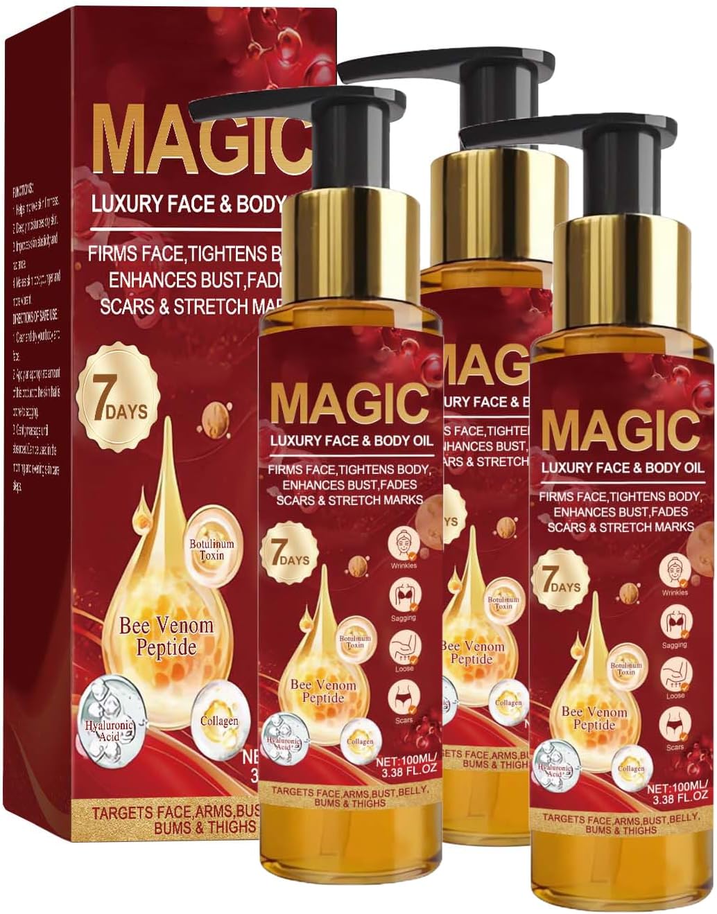 Huile pour la peau au venin d'abeille - Hydratante, raffermissante et nourrissante avec collagène, hyaluronique et peptides - Pour peau élastique et lisse - Corps et visage (3 pièces, 100 ml) 3 pièces 100 ml (Lot de 1)