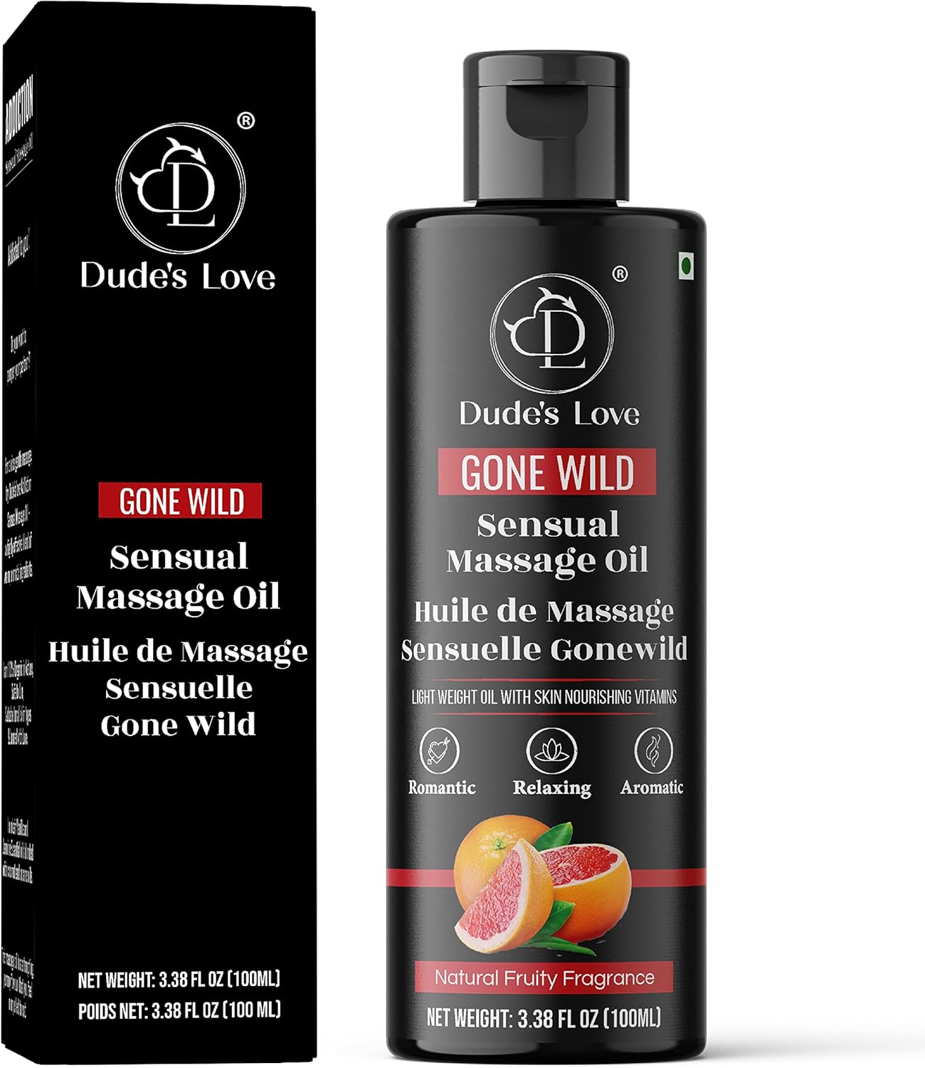 Dude's Love - DL Huile de massage sensuelle fruitée bio-comestible pour le corps - Huiles essentielles de pamplemousse et de citron vert, huile de noix de coco, huile de sésame pour couples - 100 ML GONE WILD - FRUITÉ 100 ml (Lot de 1)