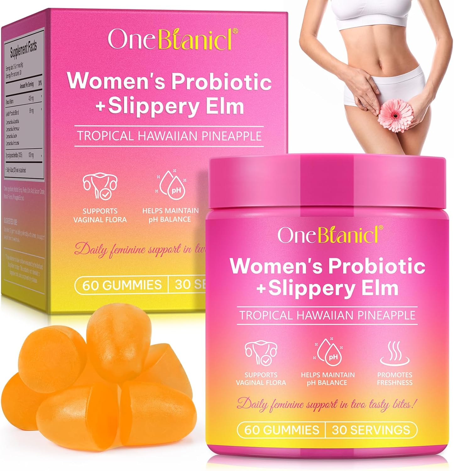 Feminine Probiotics Gummies 60 PCS,Vaginal Women Probiotic,Feminine Balance pH Gummies for Healthy Odor,Improve Immune,Support Vaginal Health,with Slippery Elm