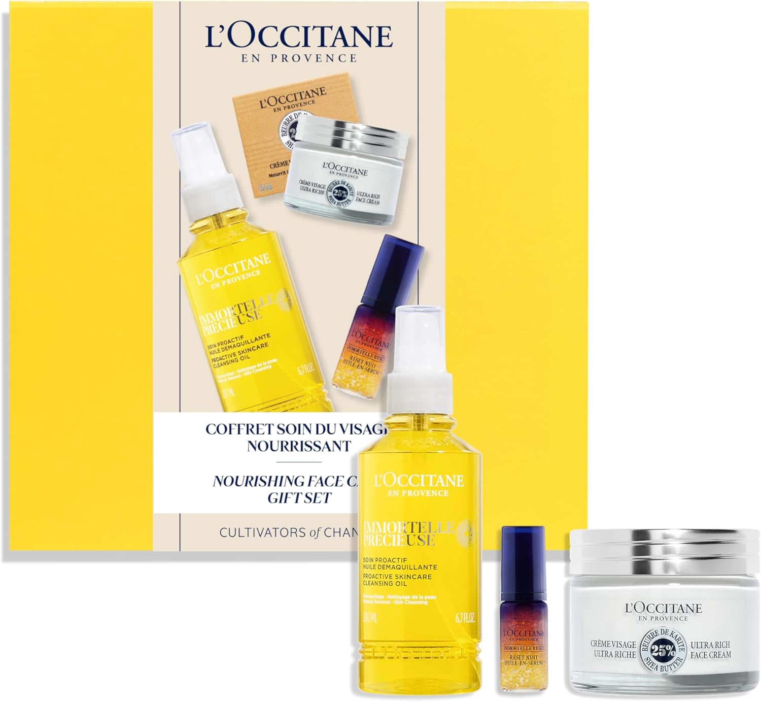 L'OCCITANE - Coffret Soin Visage - Huile démaquillante Immortelle Précieuse, Sérum Immortelle Reset et Crème Visage Ultra-Riche Karité - Fabriqué en France