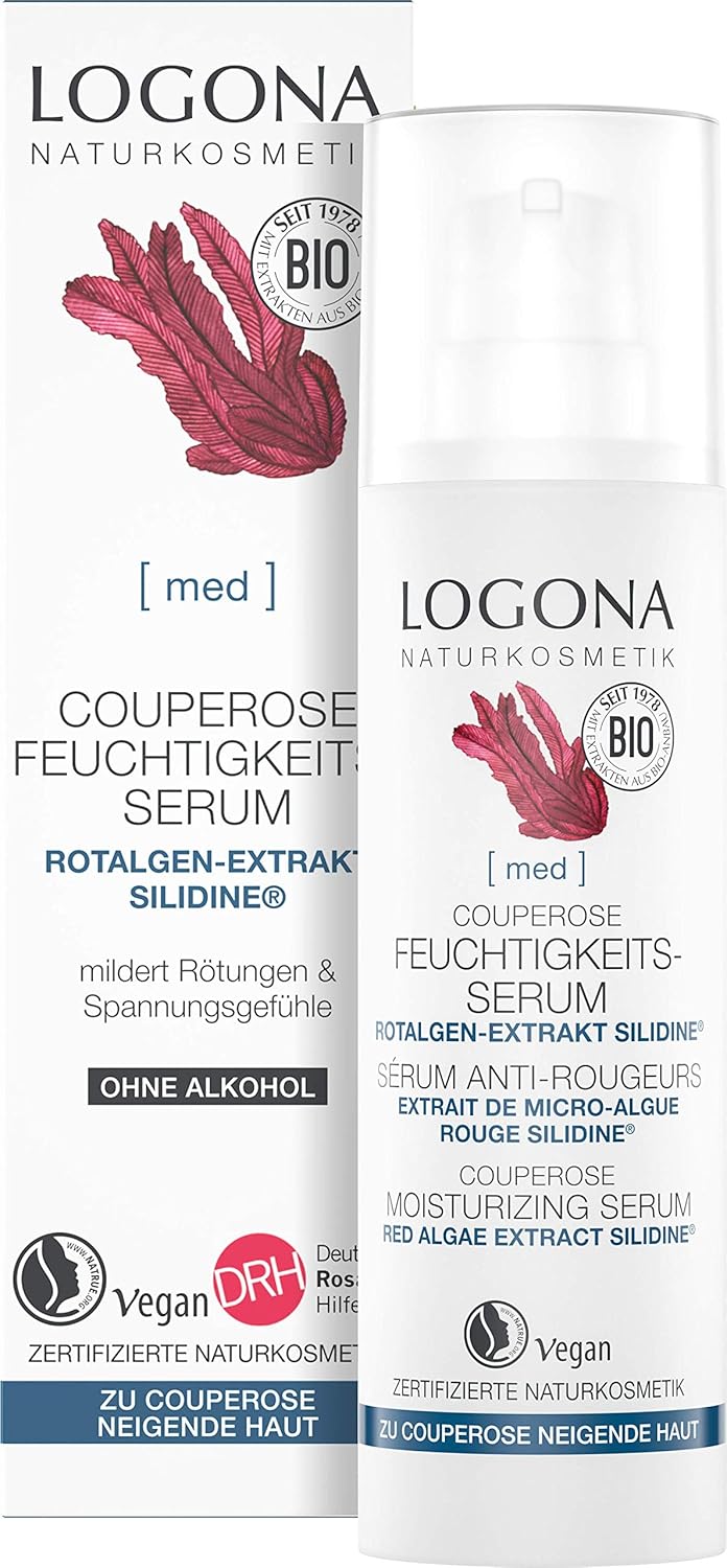 Bio Couperose Sérum hydratant LOGONA Naturkosmetik pour peaux sujettes à la couperose avec l'ingrédient actif SILIDINE à base d'algues rouges, soin du visage apaisant et intensément nourrissant,