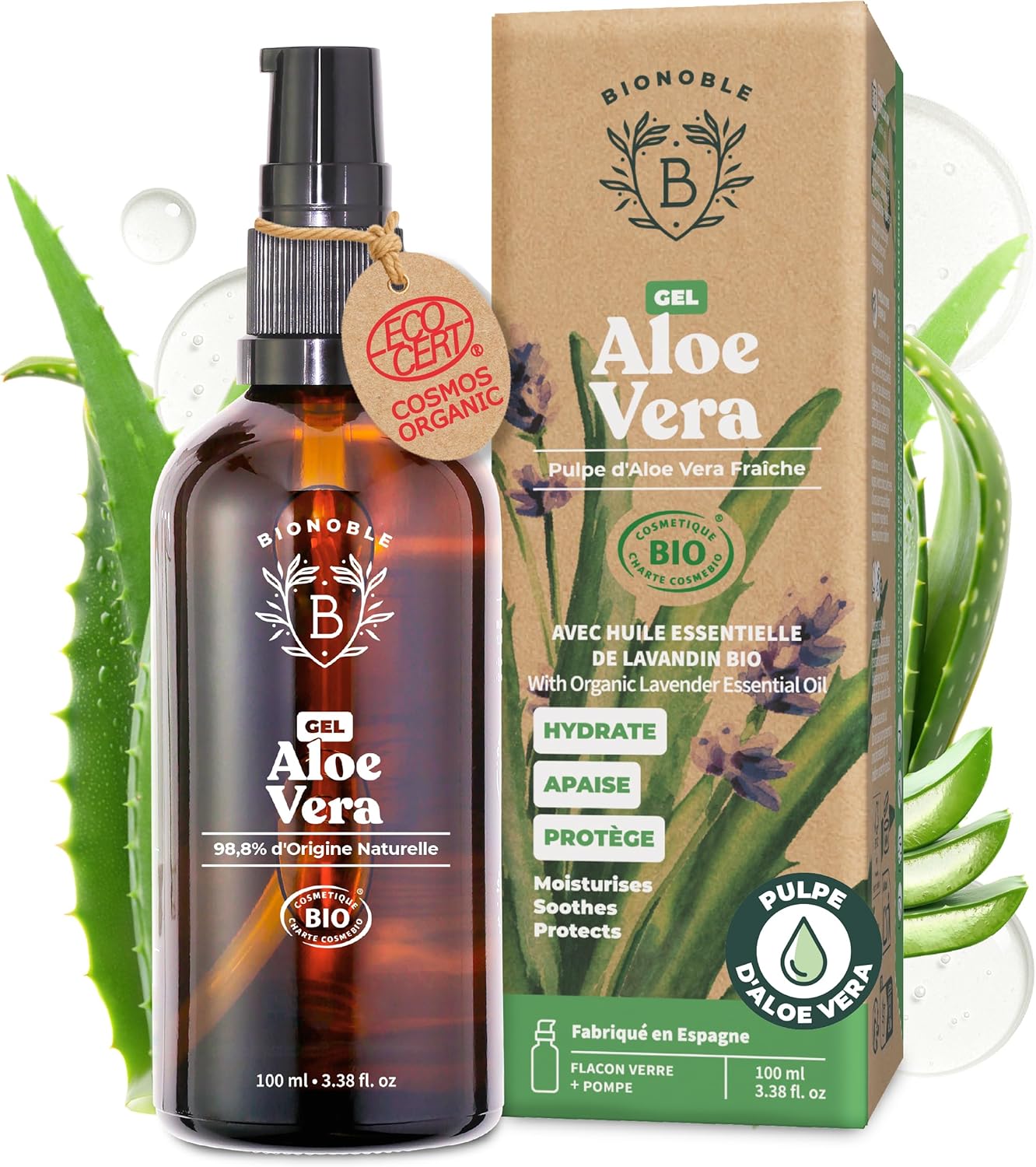 Gel Aloe Vera Bio 100% Pur Aloe 100ml - Flacon Verre Recyclable + Pompe - Gel Aloe Vera Cheveux Bouclés, Hydratant Crème Aloe Vera Visage, Soin Coup de Soleil Corps - Aloe Vera Gel Bio GEL 100 ml (Lot de 1)