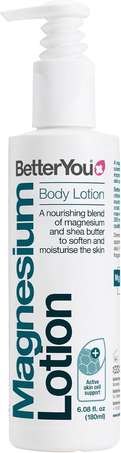 BetterYou Lotion pour le corps au magnésium, mélange nourrissant de magnésium transdermique naturel de Zechstein et de beurre de karité pour adoucir et hydrater la peau, sans huile de palme, 180 ml