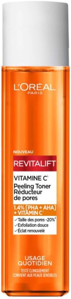 L'Oréal Paris - Exfoliant Doux - Réducteur de Pores - Formule Enrichie en Vitamine C - Resserre les Pores et Illumine le Teint - Tous Types de Peau - Revitalift - 180 ml Peeling Toner