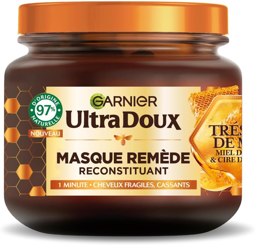 Ultra Doux - Masque Remède Reconstituant - Enrichi en Gelée Royale, Miel & Propolis - Pour Cheveux Fragiles & Cassants - Sans Parabène - Trésors de Miel - 340 ml Masque Masque