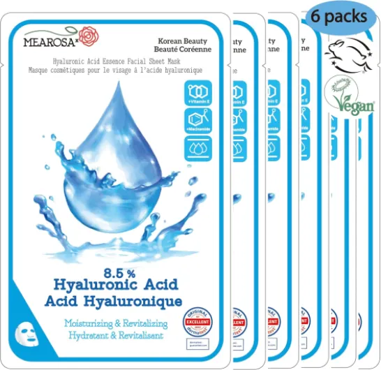 MEAROSA* 8,5% Masques pour Visage à l'Acide Hyaluronique, Niacinamide, Vitamine E pour Peau Testé dermatologiquement Sensible Formule Végétalienne Hydratant & Nourrissant