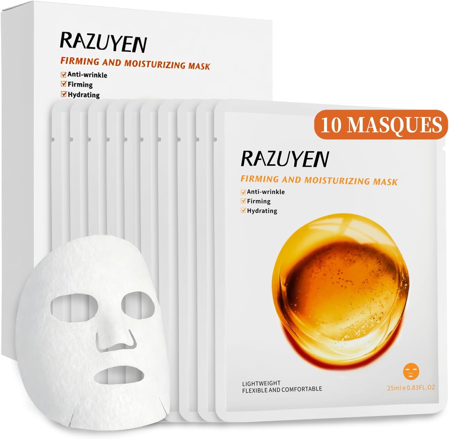 RAZUYEN Masque Anti Ride (10 Unité), Masque Hydratant Visage à l'Acide Hyaluronique, Peptide, Vitamine E Pour Anti-Age, Masque Tissu Visage Femme et Homme