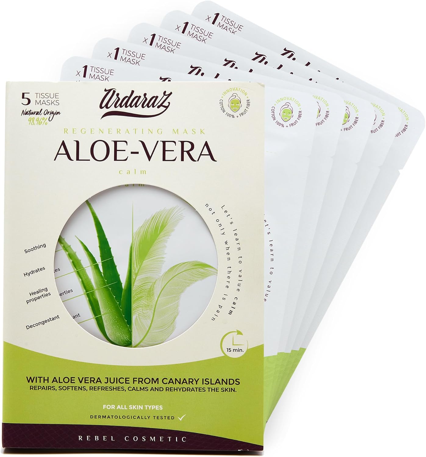 Masque hydratant visage Apaisants à l'Aloe Vera des Canaries - Lot de 5 masques pour le visage - Rafraîchissants, à l'Acide Hyaluronique - Hydratation Profonde avec effet immédiat - transparent 5 Unité (Lot de 1)