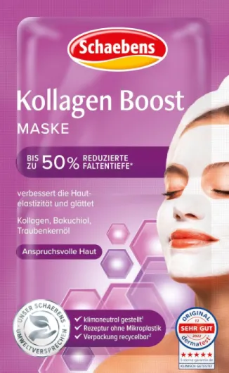 Schaebens Masque de collagène Boost - Soin intensif pour une peau plus lisse et plus jeune avec collagène, bakuchiol et huile de pépins de raisin pour les peaux exigeantes - 2 applications