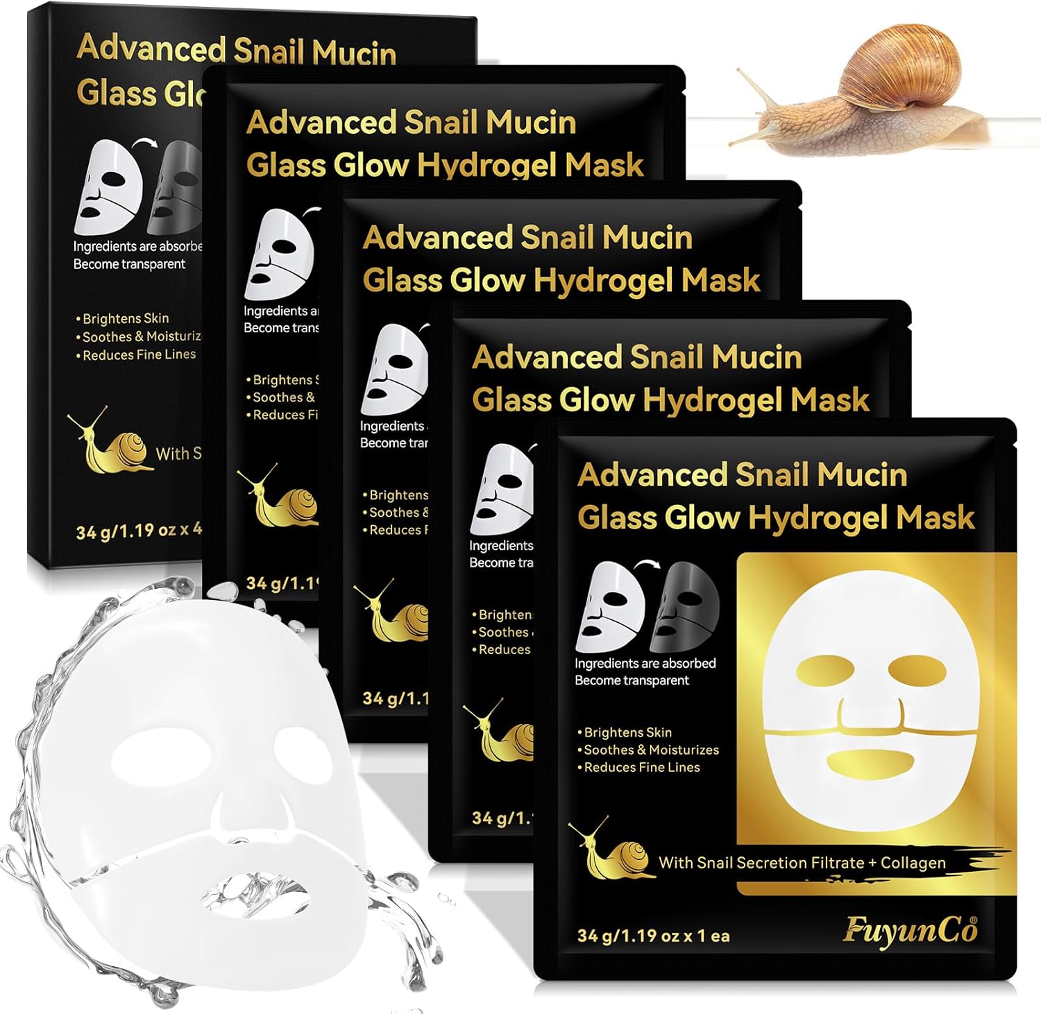 Advanced Snail Mucin Glass Glow Hydrogel Face Masks, 4Pièces Masque Collagene, Masque de protéines d'escargot, Anti-Rides, Anti-Âge, Hydratation Intense, Nourrissant, Réduction des Pores, La peau Lumi