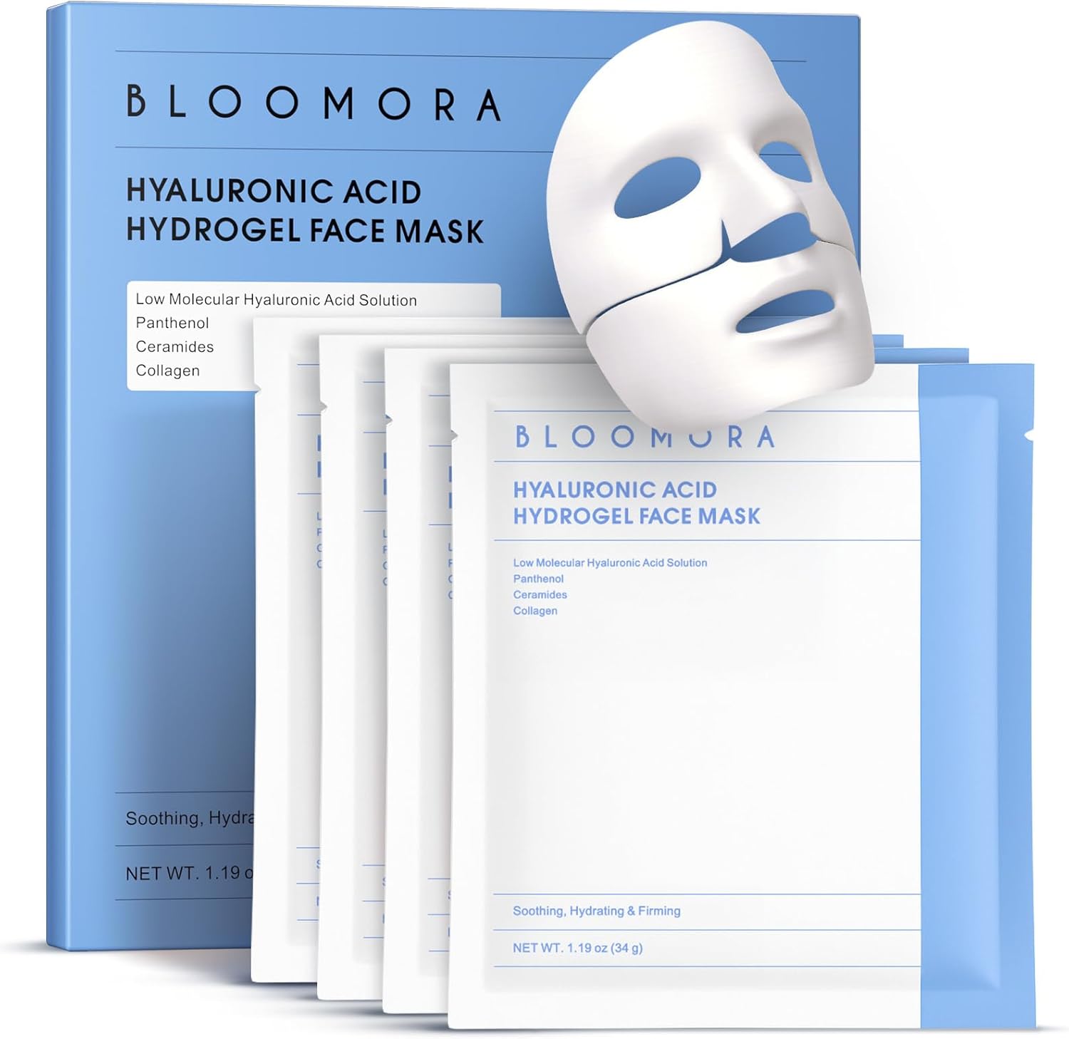 Masque Acide Hyaluronique - Collagene Visage, Hydrogel & Masque Visage Acide Hyaluronique Profond à Bas Poids Moléculaire, Masque Hydratant Visage, Masques Pour le Visage, Collagen Mask 34g*4 unités
