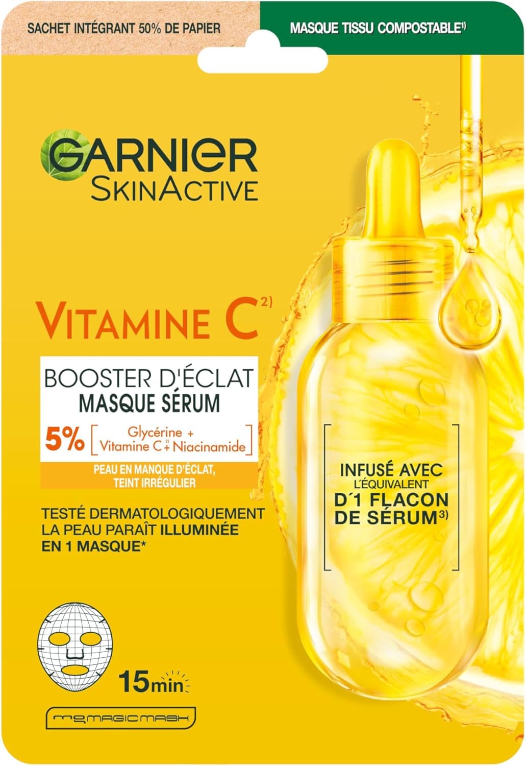 Skin Active - Masque Visage Tissu - Super Hydratant & Booster D'Éclat - Vitamine C & Acide Hyaluronique - Vegan & Cruelty Free - Peaux Ternes en Manque D'Éclat - x1 Masques tissu