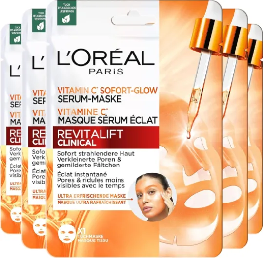 L'Oréal Paris Revitalift Clinical Masque Sérum Eclat Vitamine C, Coffret 5 Masques 5x Masque Tissu 130 ml (Lot de 1)
