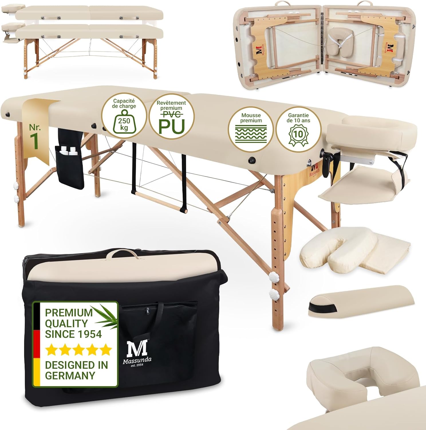Comfort Deluxe - Table de Massage Pliante et réglable en Hauteur, Table de Massage Pliable en Bois Massif, Repose-Bras, Coussin de Soutien de Nuque, têtière Ergonomique (Beige)