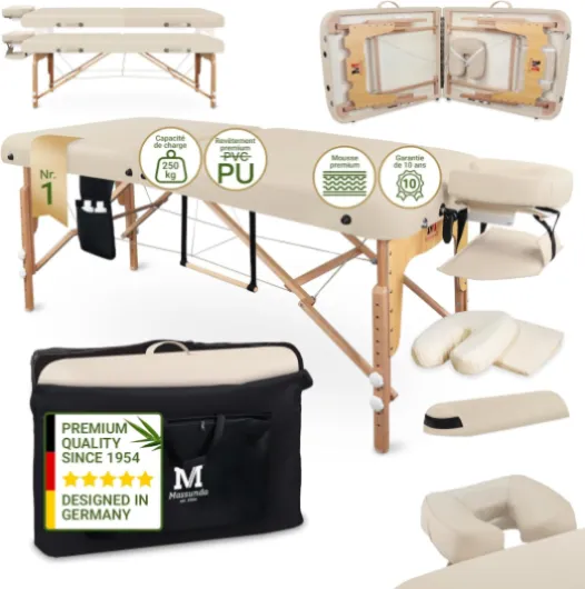 Comfort Deluxe - Table de Massage Pliante et réglable en Hauteur, Table de Massage Pliable en Bois Massif, Repose-Bras, Coussin de Soutien de Nuque, têtière Ergonomique (Beige)