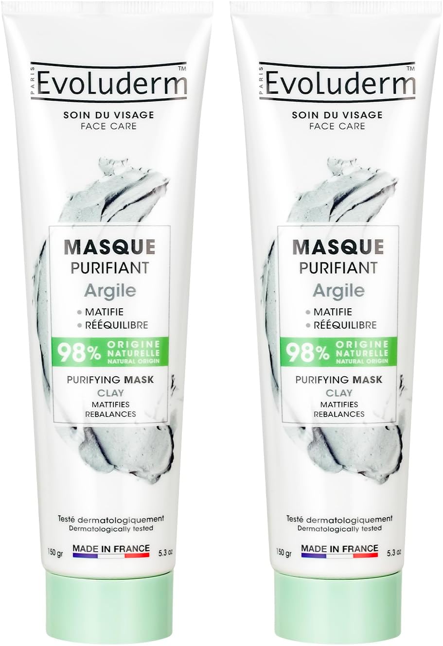Masque Purifiant Argile - 150 ml - 98% d’Origine Naturelle - Végan - Fabrication Française - Lot de 2 x 150 ml