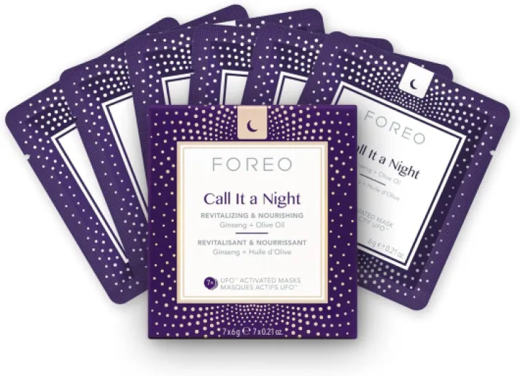 Masque actif UFO Call it a Night pour peau sèche et mature, pack de 7, revitalisant et nourrissant, ginseng et huile d'olive, cruelty-free, compatible avec tous les appareils UFO