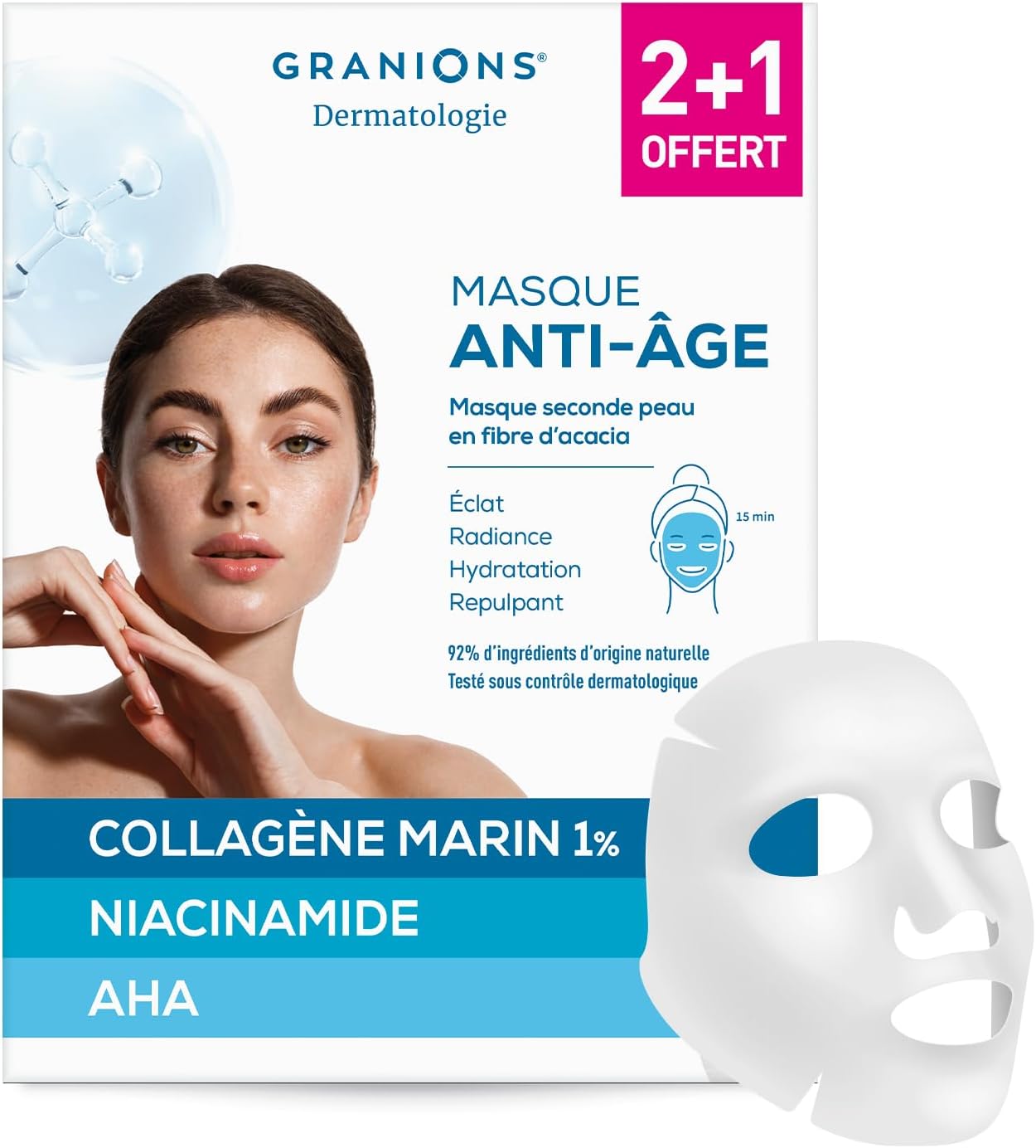 Masque COLLAGENE Anti Age - GRANIONS Collagène N°1 en Pharmacies - Masque Visage - Collagene et Acide Hyaluronique - Masque Collagene Visage Anti Rides - Masque Tissu 2+1 OFFERT Masque Collagène Anti-Âge