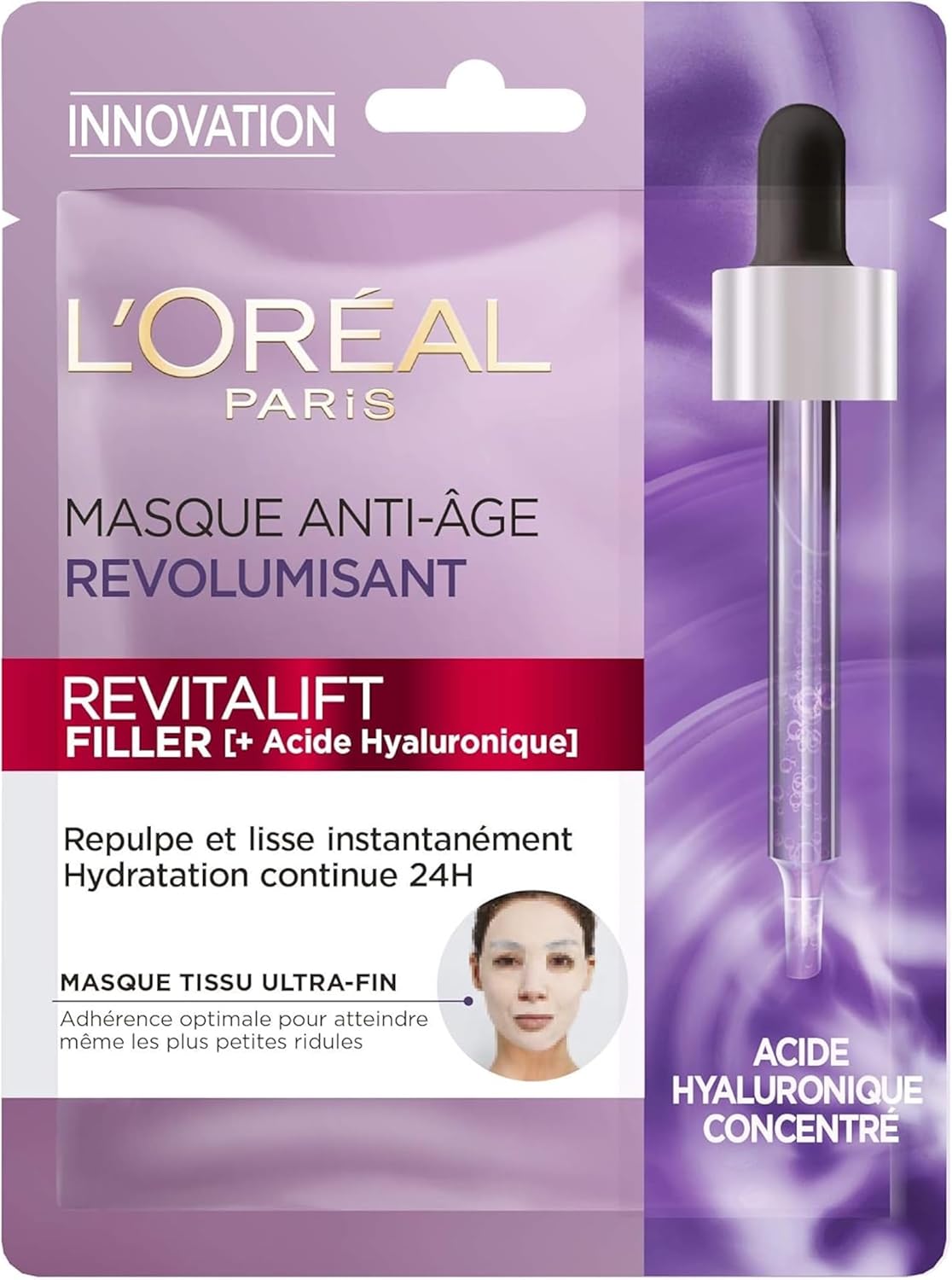 L'Oréal Paris - Masque Tissu Visage au Sérum Anti-Rides Revolumisant - Hydratation 24H - Anti-Age & Repulpant - À l'Acide Hyaluronique Pur - Coton Japonais Ultra-Fin - Revitalift Filler - 28 g Masque Tissu Hydratant 1 unité (Lot de 1)