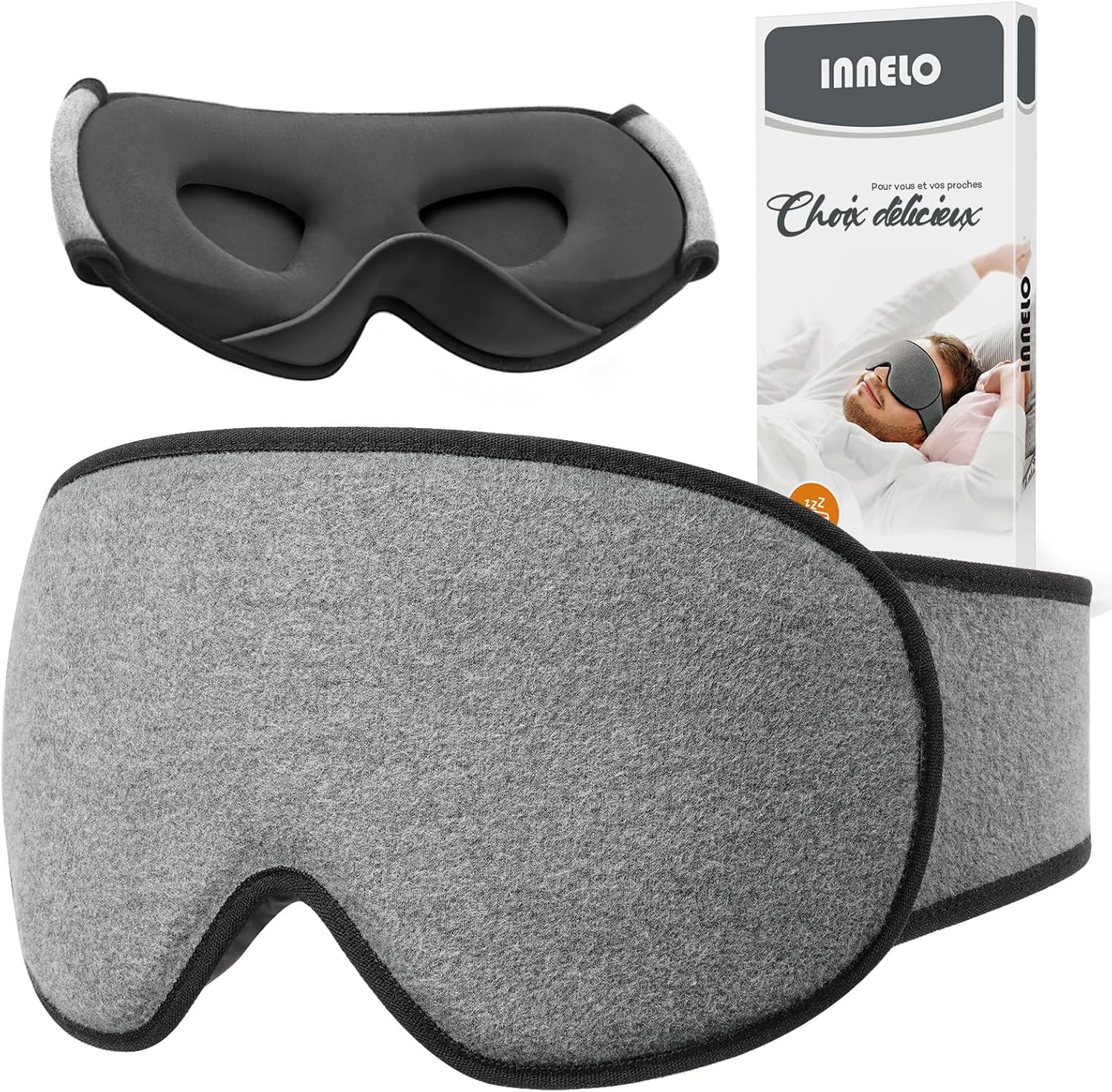 INNELO Masque de sommeil en coton pour les personnes dormant sur le côté, Masque de Nuit 3D avec protection auditive, ultra doux et confortable, masque pour les yeux avec Velcro pour hommes et femmes