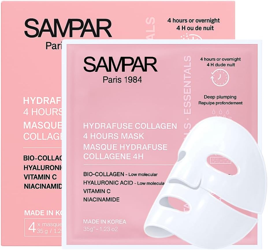 Masque Visage Bio-Collagène Korean Vendu en pharmacie – Fabriqués en Corée - Lot de 4 SAMPAR – Anti-Rides & Hydratation Intense – Bio-Collagène <100DA + Acide Hyaluronique – Effet Glass Skin en 4h