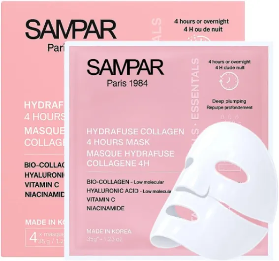 Masque Visage Bio-Collagène Korean Vendu en pharmacie – Fabriqués en Corée - Lot de 4 SAMPAR – Anti-Rides & Hydratation Intense – Bio-Collagène <100DA + Acide Hyaluronique – Effet Glass Skin en 4h