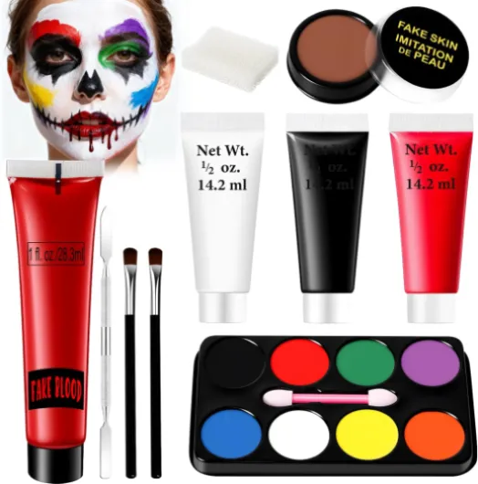 Maquillage Blanc Noir Halloween pour Visage Kit - Palette Maquillage Makeup Professionnel Enfant Femme Adulte Avec Peinture Visage de Faux Sang, 8 Couleurs, Lavable,Latex Cicatrice, Pinceau Eponge