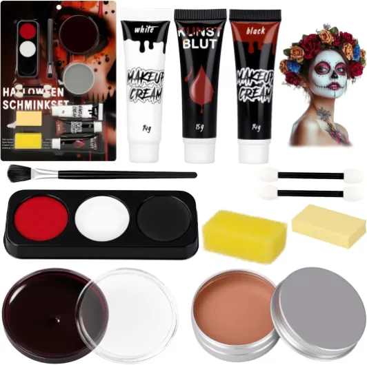Maquillage Halloween Enfant pour Visage - Kit Maquillage Halloween Professionnel Adulte pour Carnaval Cosplay, Makeup Palette Peinture Corporelle Palette de 3 Couleurs + Faux Sang + Latex Cicatrice