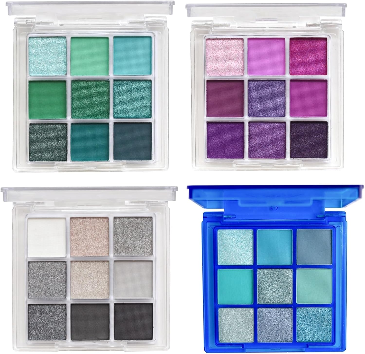 Lot de 4 palettes de fards à paupières – 9 couleurs – Noir, bleu, vert, violet – Ombre à paupières portable, pratique et de voyage