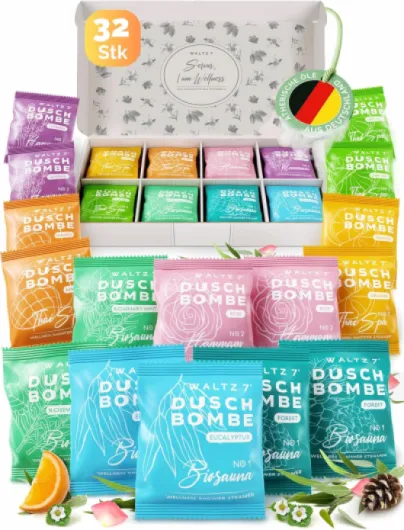 WALTZ 7 Set Bombes de Douche, 32 Sachet, 8 Senteurs, Aromathérapie, Calmant, Revigorant et Relaxant, Idee Cadeau Homme et Femme, Noel, Coffret Beauté 32 Pièces & 8 Parfums
