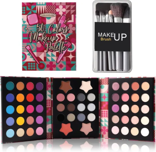 Palette de 56 ombres à paupières, kit de maquillage avec ombres à paupières mates, pailletées et irisées, ensemble de maquillage multicolore avec pinceaux, maquillage de Noël pour femmes