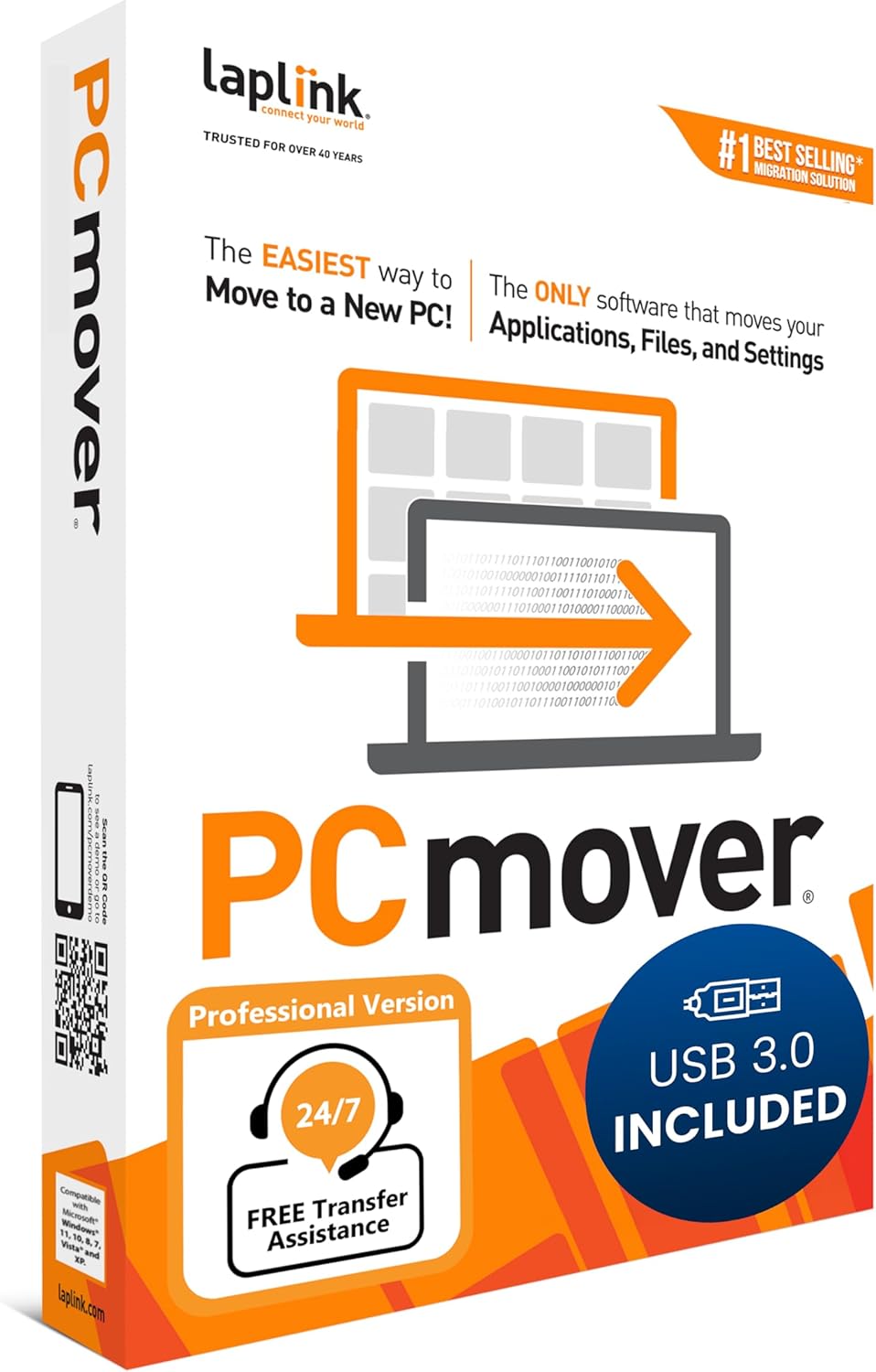 LAPLINK PCmover Professional 11 - Logiciel de Migration, Pour Fichiers, Dossiers & Programmes, Câble USB 3.0 Super Speed 5 Gbps, Automatique, 1x Utilisation [cd rom] PCmover Professional + USB 3.0 Cable