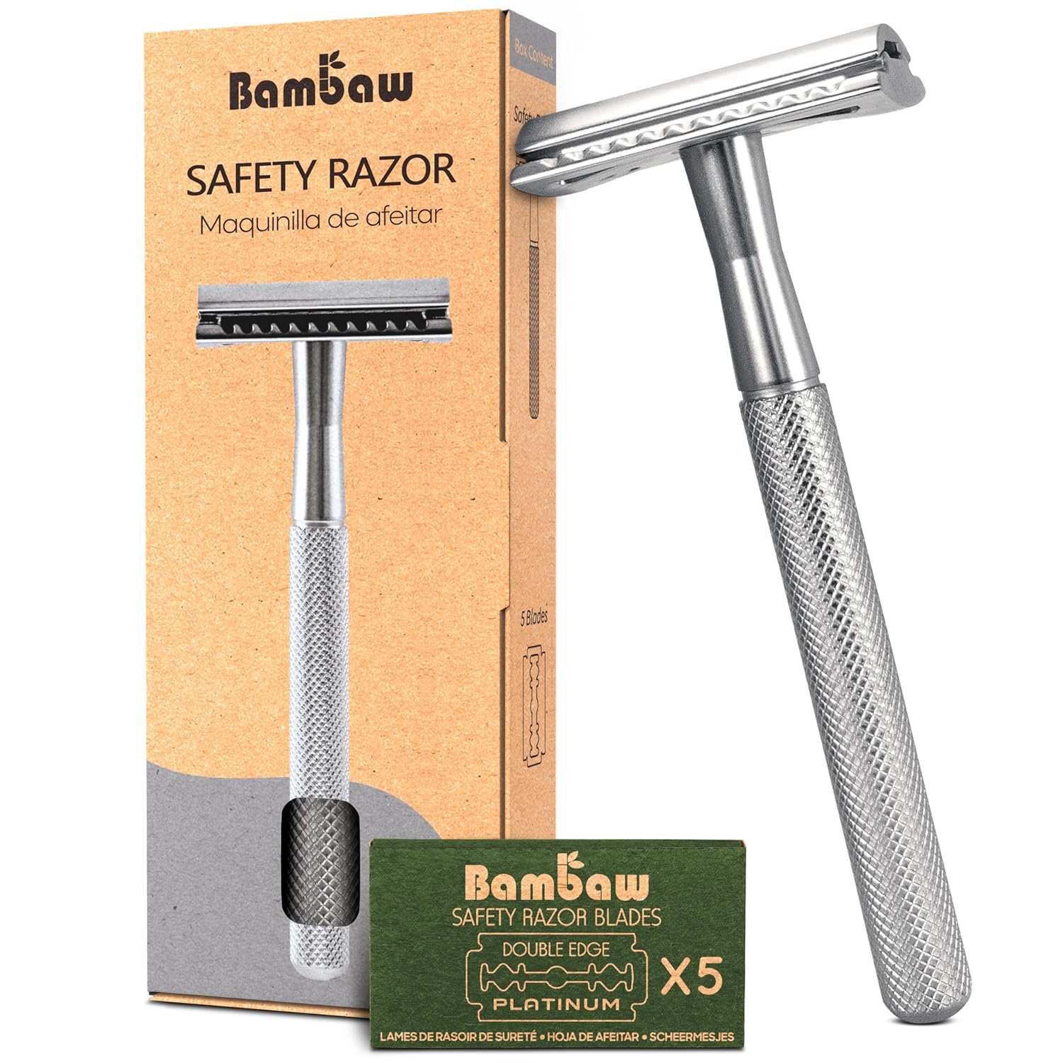 Bambaw Double Edge Safety Razor for Men & Women, Metal Razor with 5 Double Edge Safety Razor Blades, Eco-Friendly Razor – Silver Silver Razor