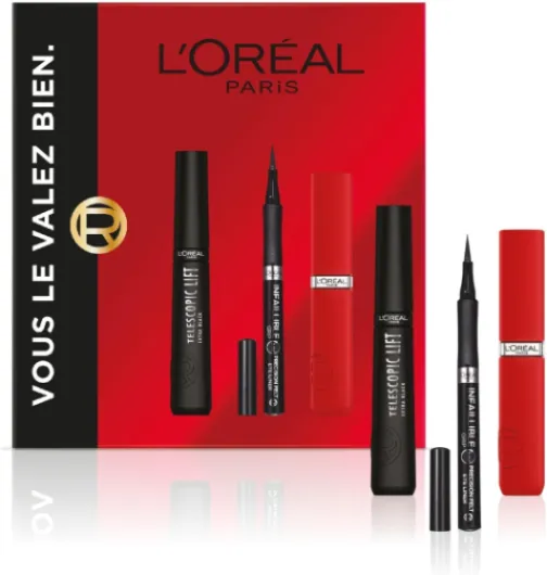L'Oréal Paris - Coffret Cadeau - Mascara Telescopic Lift Noir, Eyeliner Felt Tip, Rouge à Lèvres Infaillible Matte Resistance Rouge - Tailles Réelles