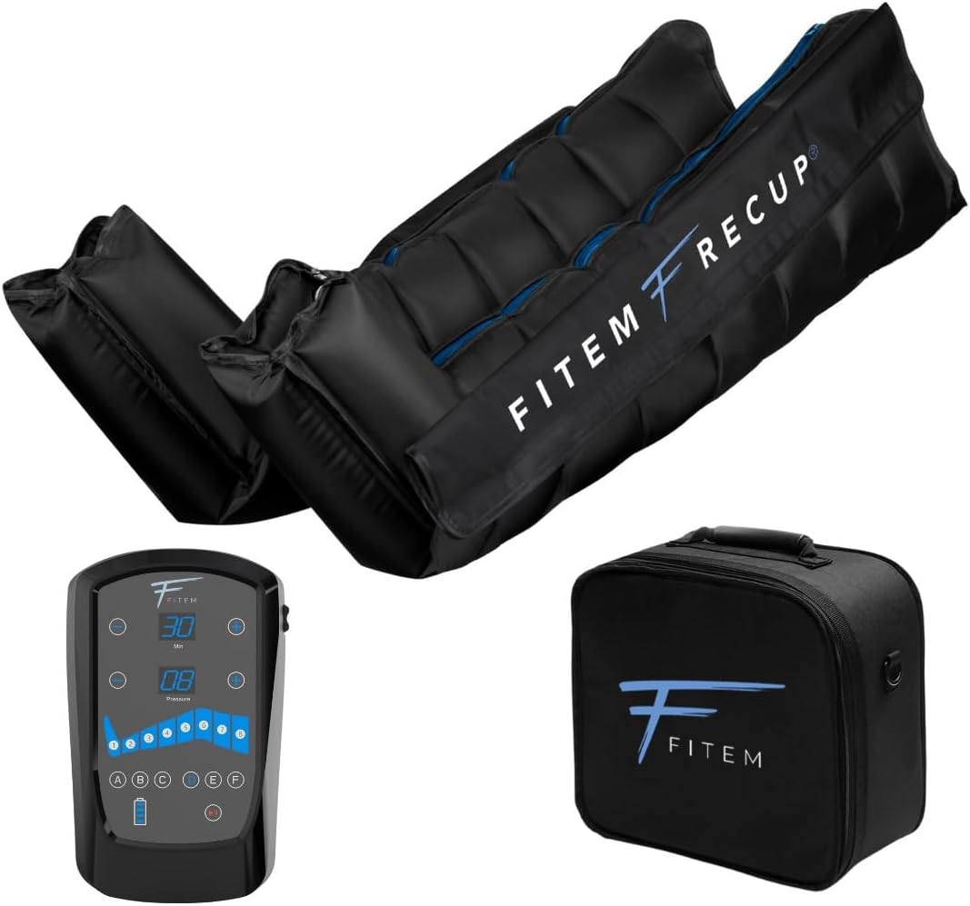 Fitem Bottes de Pressothérapie - 8 chambres, 6 modes - Massage des Jambes et pieds - Drainage lymphatique - Jambes Lourdes - Rétention d'eau - Anti-Cellulite - Récupération sportive - Garantie 2 ans M (1m55 - 1m75)