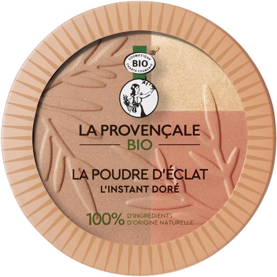 Bio - Poudre d'Éclat l'Instant Doré - 3 en 1 : Poudre Soleil, Fard à Joues, Enlumineur de Teint - 100% d’Ingrédients d'Origine Naturelle - Poudre Bronzante Visage Effet Bonne Mine Poudre Eclat 3-en-1