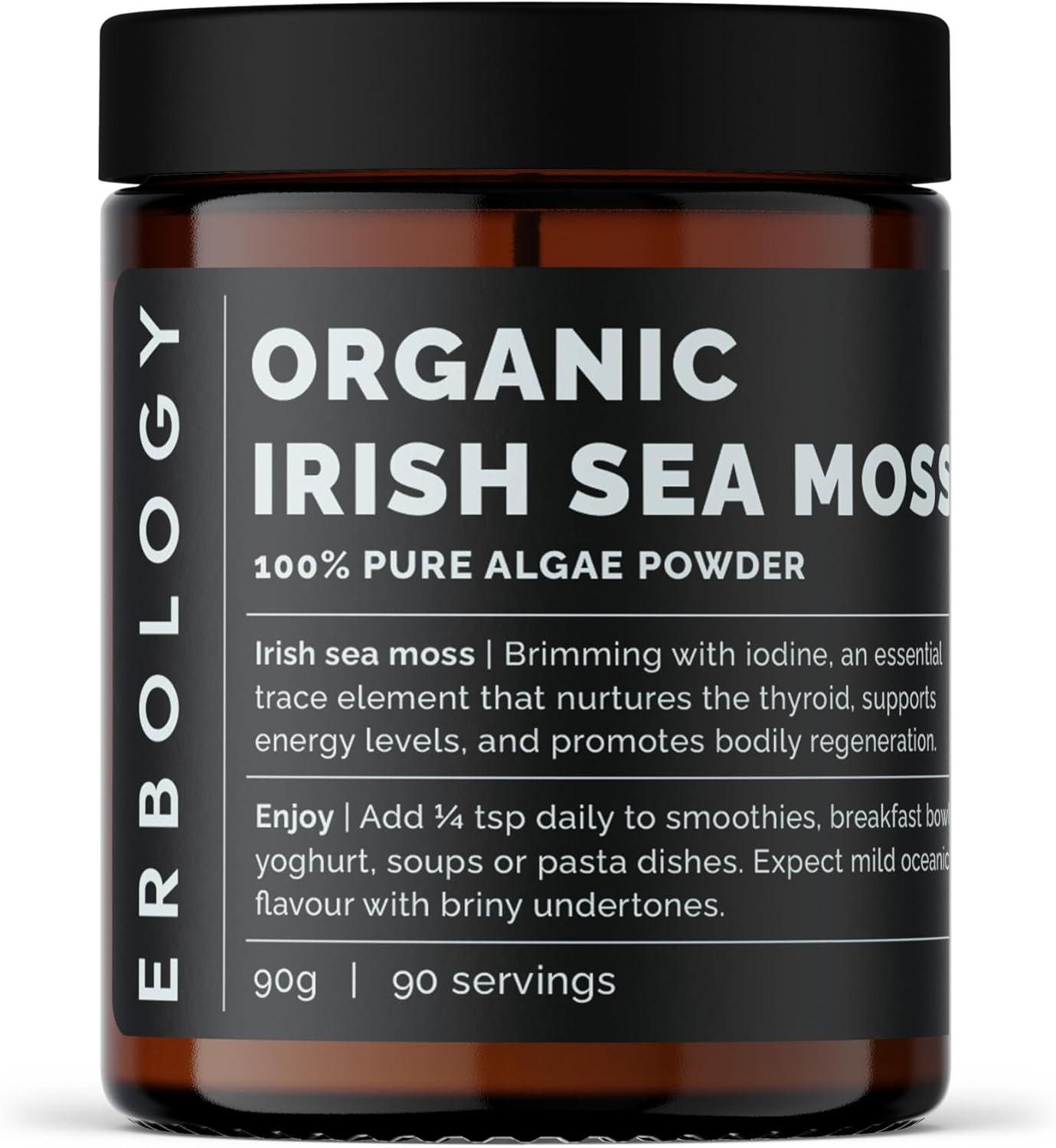 Erbology Poudre de mousse de mer irlandaise bio 90 g – 90 portions – Provenance durable en Irlande – Favorise le métabolisme et la santé de la peau – Riche en iode – Petit lot – Sans OGM
