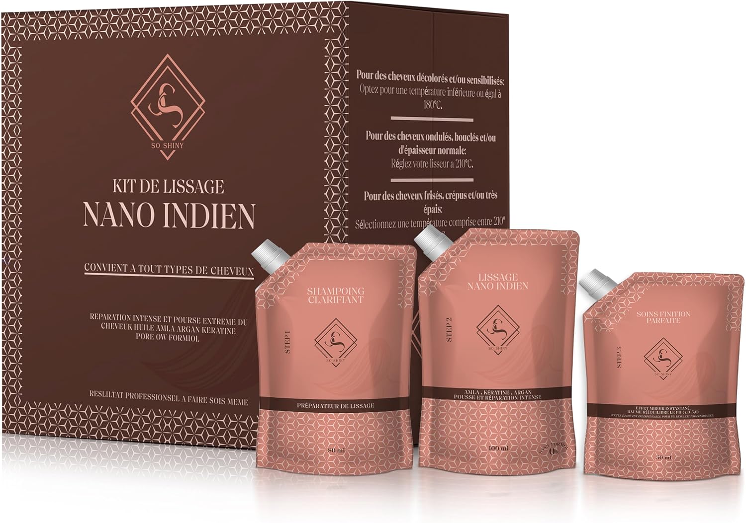 Kit lissage bresilien premium - Nouvelle formule lissage nano indien sans formol - A base d'huile - Favorise la pousse - Tenue longue durée - Traitement lissage professionnel à domicile .