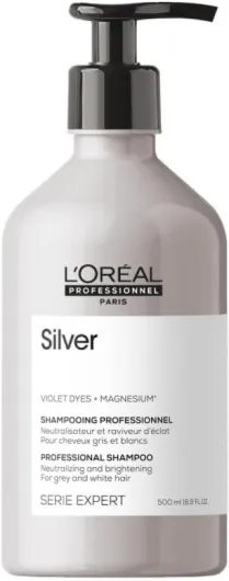L'Oréal Professionnel, Shampoing Violet Déjaunissant & Raviveur d'Éclat, Cheveux Blancs ou Gris, Elimine les Reflets Jaunes et Cuivrés, Apporte Douceur & Brillance, Silver, Serie Expert Shampoing - 500 ml
