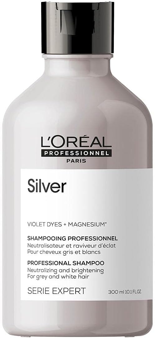 L'Oréal Professionnel, Shampoing Violet Déjaunissant & Raviveur d'Éclat, Cheveux Blancs ou Gris, Elimine les Reflets Jaunes et Cuivrés, Apporte Douceur & Brillance, Silver, Serie Expert Shampoing - 300 ml