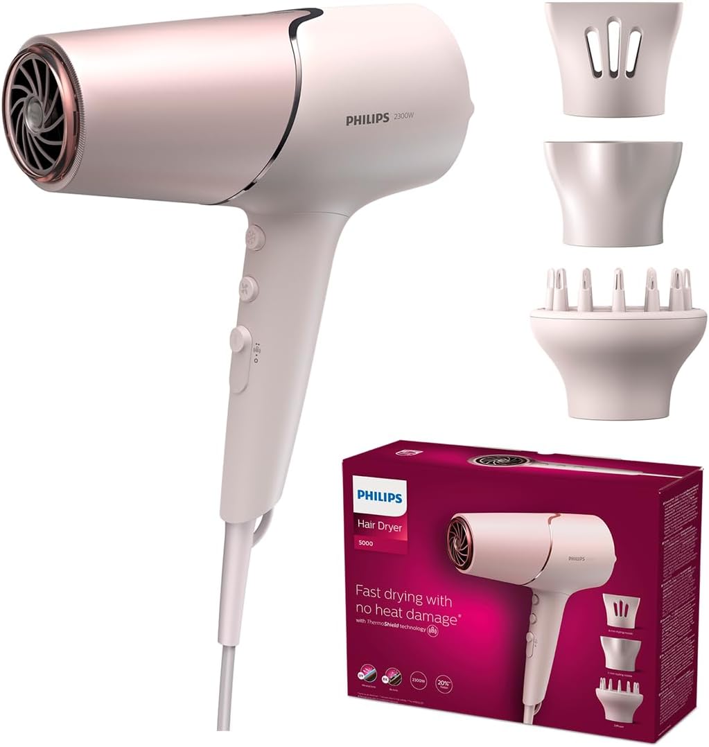 Sèche-cheveux Série 5000 avec technologie ThermoShield, diffuseur de volume et concentrateurs de 9 mm et 11 mm, couleur pêche nacrée (modèle BHD530/20) [NOUVEAU] 5000 Pearl Peach avec buse coiffante, diffuseur de volume
