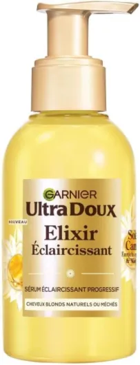 Ultra Doux Élixir éclaircissant progressif - Sérum Cheveux Blonds naturels ou méchés - Camomille et Miel de Fleurs - Sans Silicone - Flacon en Plastique Recyclé - Hommes et Femmes - 120 ml Elixir