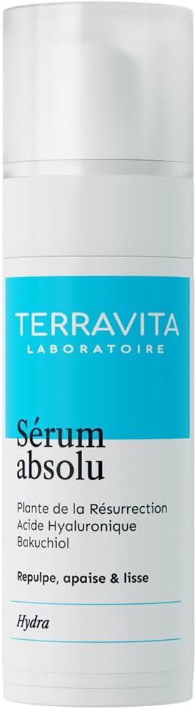 Sérum Absolu - Note Yuka 100/100 - Repulpe, Apaise et Lisse - Acide Hyaluronique - Bakuchiol - Plante de la Résurrection - Alternative au Rétinol - Non Comédogène - Made in France - Terravita